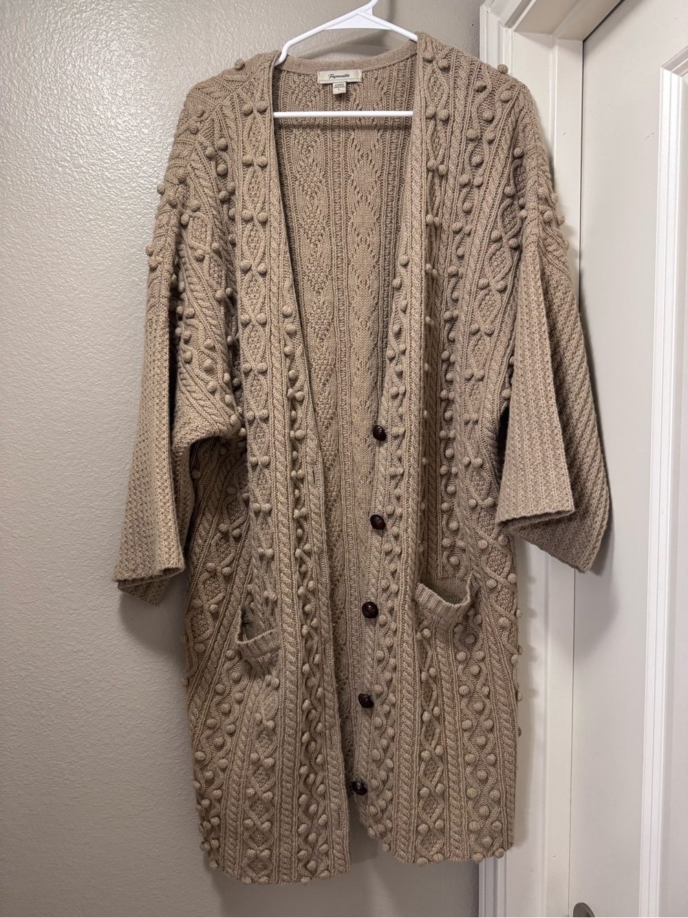 100% Wool Faconnable Beige Bobble Cable Knit Button-Front Cardigan